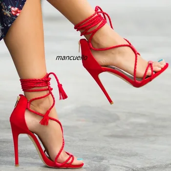 Fancy Fringe Woven Lace Up Thin Heel Sandals Sexy Red PU Leather Cut-out Open Toe Stiletto Heel Shoes Classy Tassel Dress Sandal
