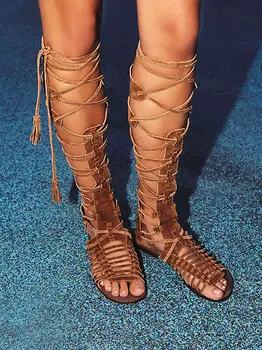 17Women's Genuine leather Back Zipper Open Toe Knee High Tall Lace Up Cut Out Roman Gladiator Flat Sandals Boots Shoes size35-42