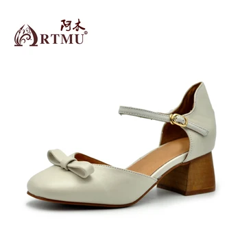 Artmu 2017 Spring and Summer New Women Sandals Thick Heels 4.5cm Genuine Leather Shoes Buckle Sweet Sandals G202-8