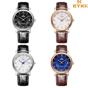EYKI Brand Automatic Mechanical Watches Men Genuine Leather Wristwatches Rome Scale Rhinestone Calendar Watch Relogio Masculino