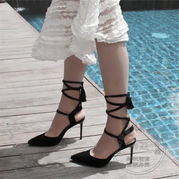 Famous Brand Shoes Woman Marilyn Monroe New Gladiator Pointed Toe Ankle Strap 2017 Suede Thin High Heels Narrow Band Cross Strap