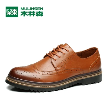 MULINSEN Genuine Leather Rubber Sole Men's Skateboard Shoes Waterproof Carving Lace Up Style Bloch Shoes 260088