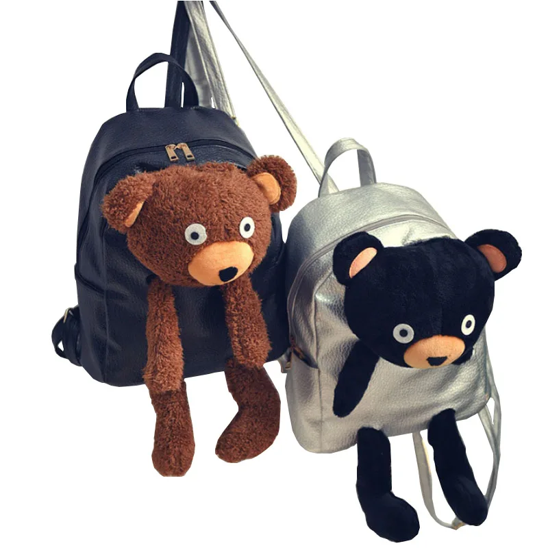 2016New Winter Women/Girls Fashion Leather Backpack Plush Teddy Bear Backpack School bag brand leisure small backpack bag XA728B