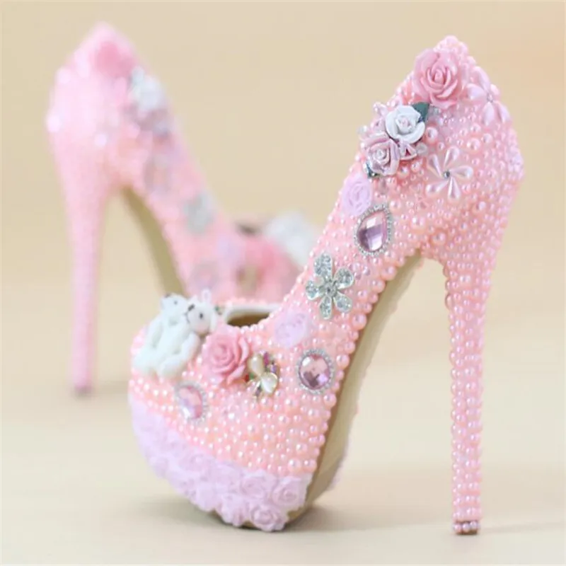 8cm/11cm/14cm Wedding shoes High-heeled shoes New pink Rhinestone shoes Pearl Lace shoes Bride shoes