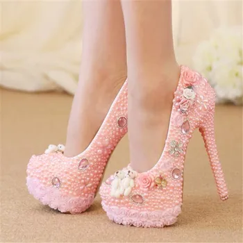 8cm/11cm/14cm Wedding shoes High-heeled shoes New pink Rhinestone shoes Pearl Lace shoes Bride shoes