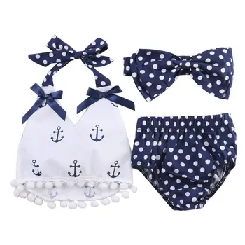 Cute Baby Girls Clothes Sets Anchors Bow Tops + Polka Dot Briefs + Head band 3pcs Sleeveless Outfits Set Baby Girl 0-24 Monthes