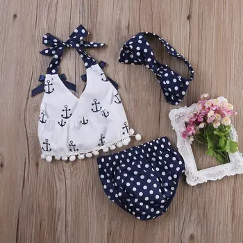 Cute Baby Girls Clothes Sets Anchors Bow Tops + Polka Dot Briefs + Head band 3pcs Sleeveless Outfits Set Baby Girl 0-24 Monthes