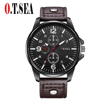 Luxury O.T.SEA Brand Leather Strap Watches Men Casual Military Sports Quartz Wristwatch Male relogio masculino 8164
