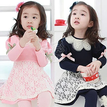 Long Sleeve Girl Dress Spring New 2016 Casual Turndown Collar Bow Lace Solid Princess Dress Girl Kids Clothes Girls 2820Z