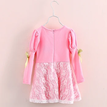 Long Sleeve Girl Dress Spring New 2016 Casual Turndown Collar Bow Lace Solid Princess Dress Girl Kids Clothes Girls 2820Z