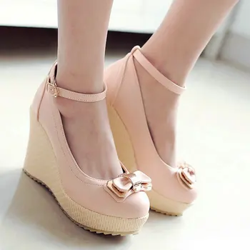 ESVEVA Lovely Pu Soft Leather Round Toe Wedges High Heel Ankle Strap Women Pumps Autumn/Spring Lady Party Shoes Size 34-43 Pink