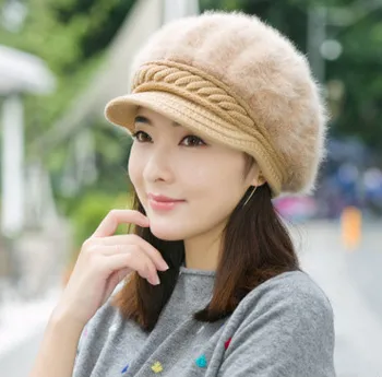 2017 Winter women 's hat plus velvet thick duck tongue rabbit fur new warm fashion knitted wool cap