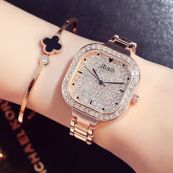 2017 Luxury Bling Rhinestone Ladies Quartz Watches Unique Square Dial Design Full Steel Rose Gold Women Clock Dress Wristwatches
