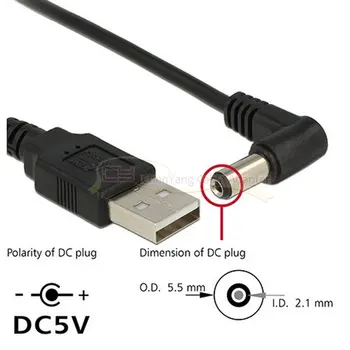 5pcies/lot USB 2.0 A Type Male to Right Angled 90 Degree 5.5 x 2.5mm DC 5V Power Plug Barrel Connector Charge Cable 80cm