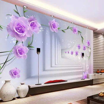 Customize Size Mural Wallpaper Background 3D Stereo Corridor Purple Rose Wall Mural Home Decor WallCovering Living Room Painting