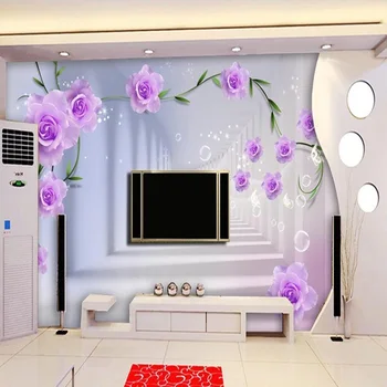 Customize Size Mural Wallpaper Background 3D Stereo Corridor Purple Rose Wall Mural Home Decor WallCovering Living Room Painting