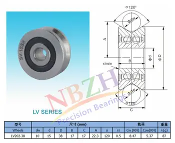 V Groove Guide roller bearings LV202-38 ZZ V-38 RV202/15.38-10 15*38*17 (Precision double row balls) ABEC-5