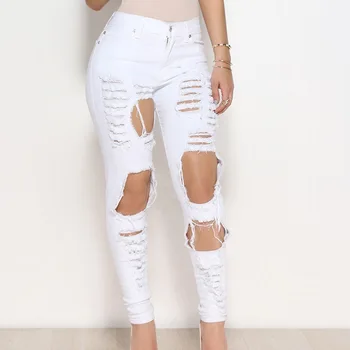 Jeans Woman Holes Jeans Pant Women Distressed Trousers Ladies Casual Stretch Skinny Jeans Female Elastic Ripped Wide Hips Pants