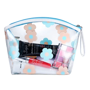 2017 New waterproof thickening pvc transparent cosmetic bag female printed transparent five leaf flower Wash bag