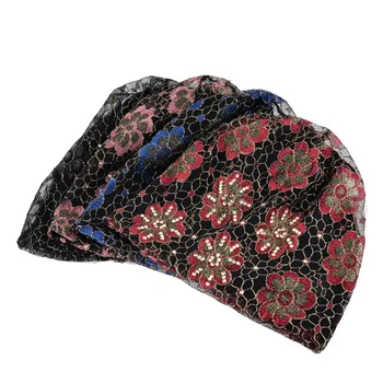 Women's Beanie Hat Lace Flower Rhinestones Turban Thin Skullies Hat For Ladies Spring And Autumn Bonnet Female Beanies Cap Women