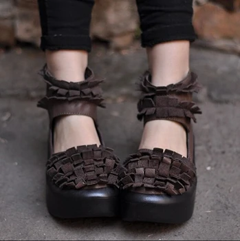 Vintage Genuine Leather Handmade Shoes Tassel Shoes Platform Wedges High-Heeled Women Shoes 8255