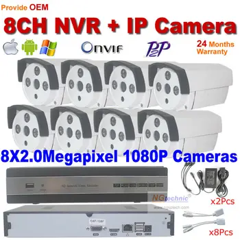 Home security system 2.0MP IP Camera kit waterproof IR Night onvif Network Camera 8ch HDMI 1080P CCTV Camera recorder NVR Kit