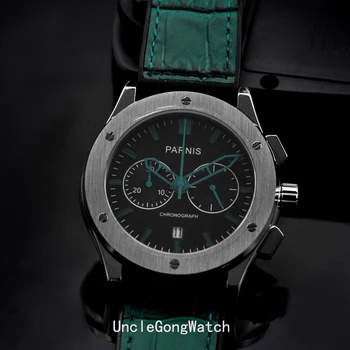 44mm Parnis Black Dial Green Hands Quartz Full chronograph Date Watches PQ4414SB
