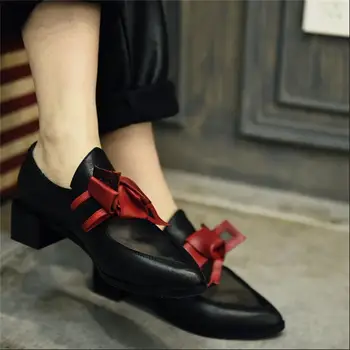 2017 handmade bowtie genuine leather women shoes fashion pointed toe fashion elegant cowhide women flats Y580887