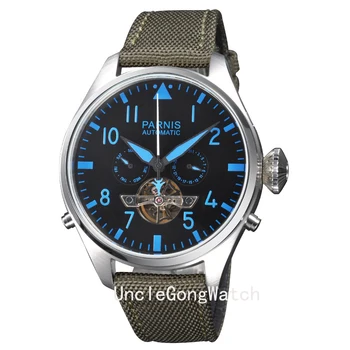 47mm Parnis Mens Automatic Watches, Automatic Clock , Black Dial Blue Marks Deployment Buckle Timepiece PA4710SBB