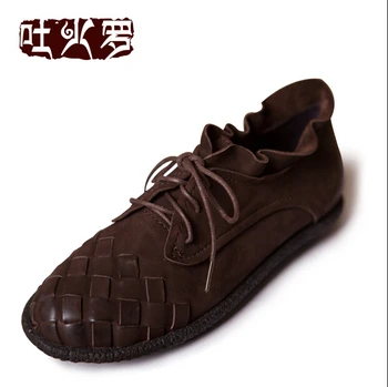 Genuine leather handmade women's shoes spring and autumn single shoes vintage knitted women's lacing shoes low-top shoes