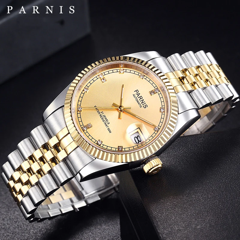 Luxury Watch Men 36mm Parnis Japan 21 Jeweles 316L Stainless Steel Automatic Movement Gold Mechanical Men's Wristwatch