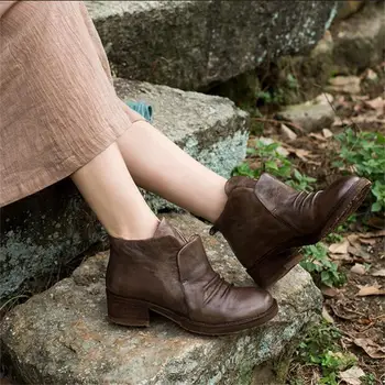 Vintage handmade pleated genuine leather boots first layer of cowhide leather large round toe preppy style boots women boots