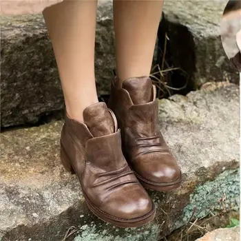 Vintage handmade pleated genuine leather boots first layer of cowhide leather large round toe preppy style boots women boots