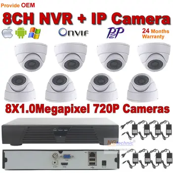 New arrive promotiom 1.0MP Indoor Dome IP camera 1280X720P IR night vision with P2P 8ch H.264 NVR CCTV Security system NVR Kit