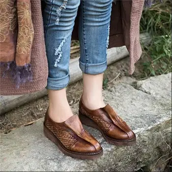 Autumn vintage women's shoes genuine leather handmade shoes reminisced fashion low wedges shoes personalized casual shoes