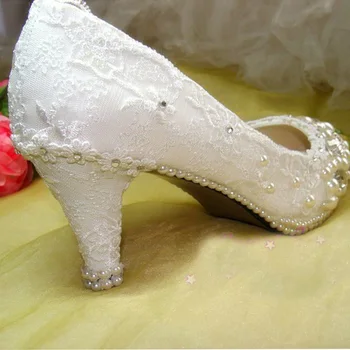 Middle/High Heel Wedding Bridal Shoes For Women Honeymoon Plus Size Comfortable Stitching Lace Bridesmaid Shoes
