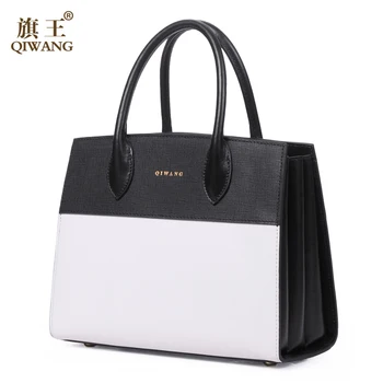 QIWANG Real Leather Women Handbag Fashion Black and White Patchwork Tote Bag Real Leather Shoulder Crossbody Bags