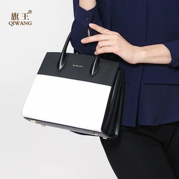 QIWANG Real Leather Women Handbag Fashion Black and White Patchwork Tote Bag Real Leather Shoulder Crossbody Bags