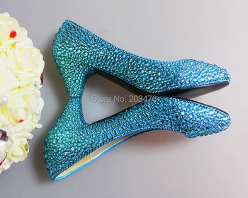 Nice Handmade Woman Blue Rhinestone Wedding Dress Shoes Woman Crystal Bridal Shoes Lady Amond Toe Party Prom Shoes