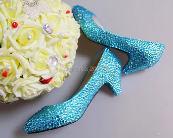 Nice Handmade Woman Blue Rhinestone Wedding Dress Shoes Woman Crystal Bridal Shoes Lady Amond Toe Party Prom Shoes