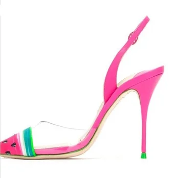 2017 Summer Watermelon Slingback Pointed Toe Back Buckle Strap Sandals Women Fashion Cut-out Transparent High Spike Heel Pumps