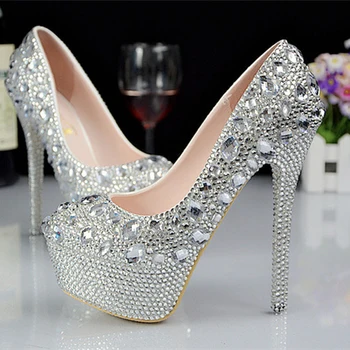 Luxury Wedding Shoes With Rhinestone Crystals Round Toe High Heel Custom Made Modest Woman's Party Prom Platform Bridal Shoes