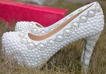 Spring Autumn White Wedding Dress Shoes Fashion Lady Party Prom Shoes Gorgeous Imitation Pearl Rhinestone Bridal Shoes