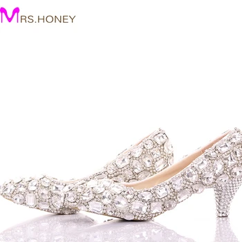 Spring Luxurious Rhinestone Wedding Shoes Big Crystal Bridesmaid Shoes Graduation Party Prom Shoes Lady Formal Middle Heel Shoes