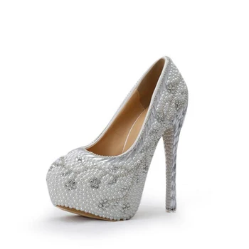 2016 Crystal Heel Wedding Shoes White Pearl Handmade Bridal Shoes Luxurious Rhinestone Women High Heels Platform Pumps Plus Size