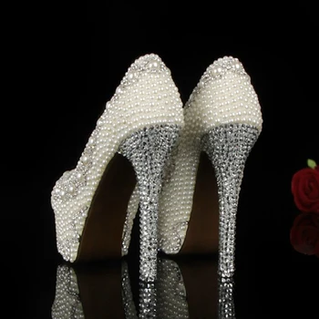 Newest Crystal Pearls Bridal Prom Heels Ball Party Pageant Wedding Shoes Gorgeous High Heel Shoes for Woman