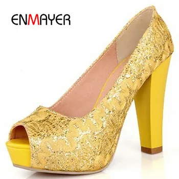 ENMAYER Sexy Round Toe Sequined Cloth High Heels Women Pumps Shoes Party Pumps 2016 Brand New Design Less Platform Pumps