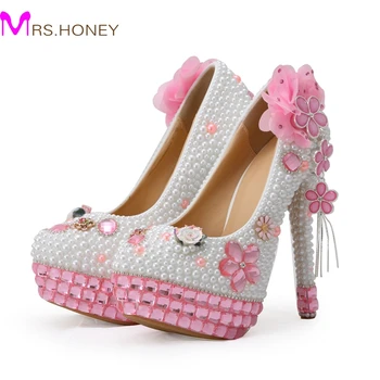 2016 Handmade Pink Crystal High Heels Bling Bling Rhinestone and White Pearl Wedding Shoes Bridal High Heel Party Prom Shoes