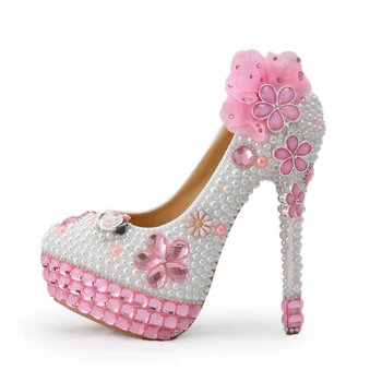 2016 Handmade Pink Crystal High Heels Bling Bling Rhinestone and White Pearl Wedding Shoes Bridal High Heel Party Prom Shoes