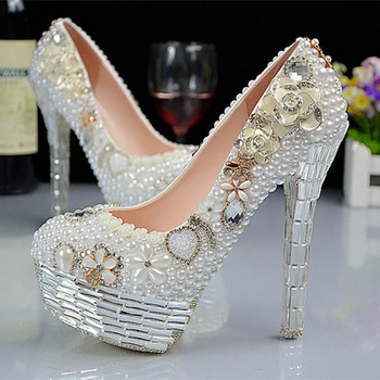 Romantic Pearl Wedding Shoes 2017 High Heels Round Toe Crystal Pearl Rhinestone Bridesmaid Shoes Platform Evening Party Shoes